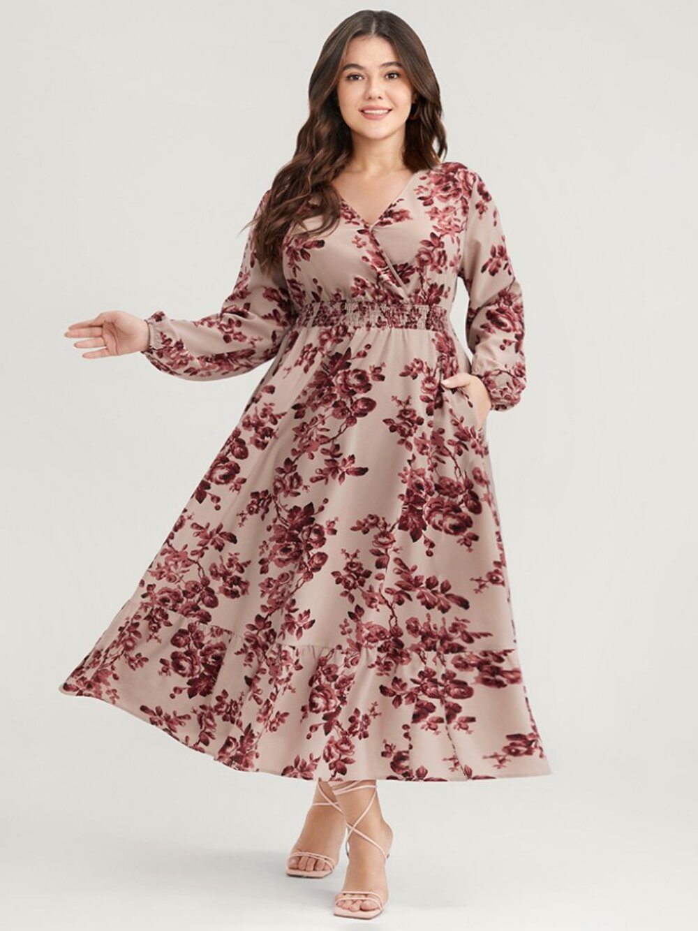 Floral Wrap Lantern Sleeve Pocket Shirred Ruffle Hem Dress